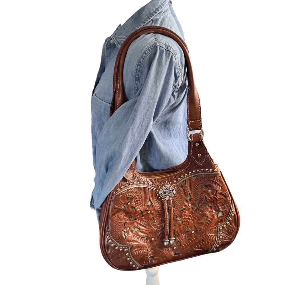 American West Brown Leather Purse Bag Floral Studded Western Cowgirl Rodeo Bolo